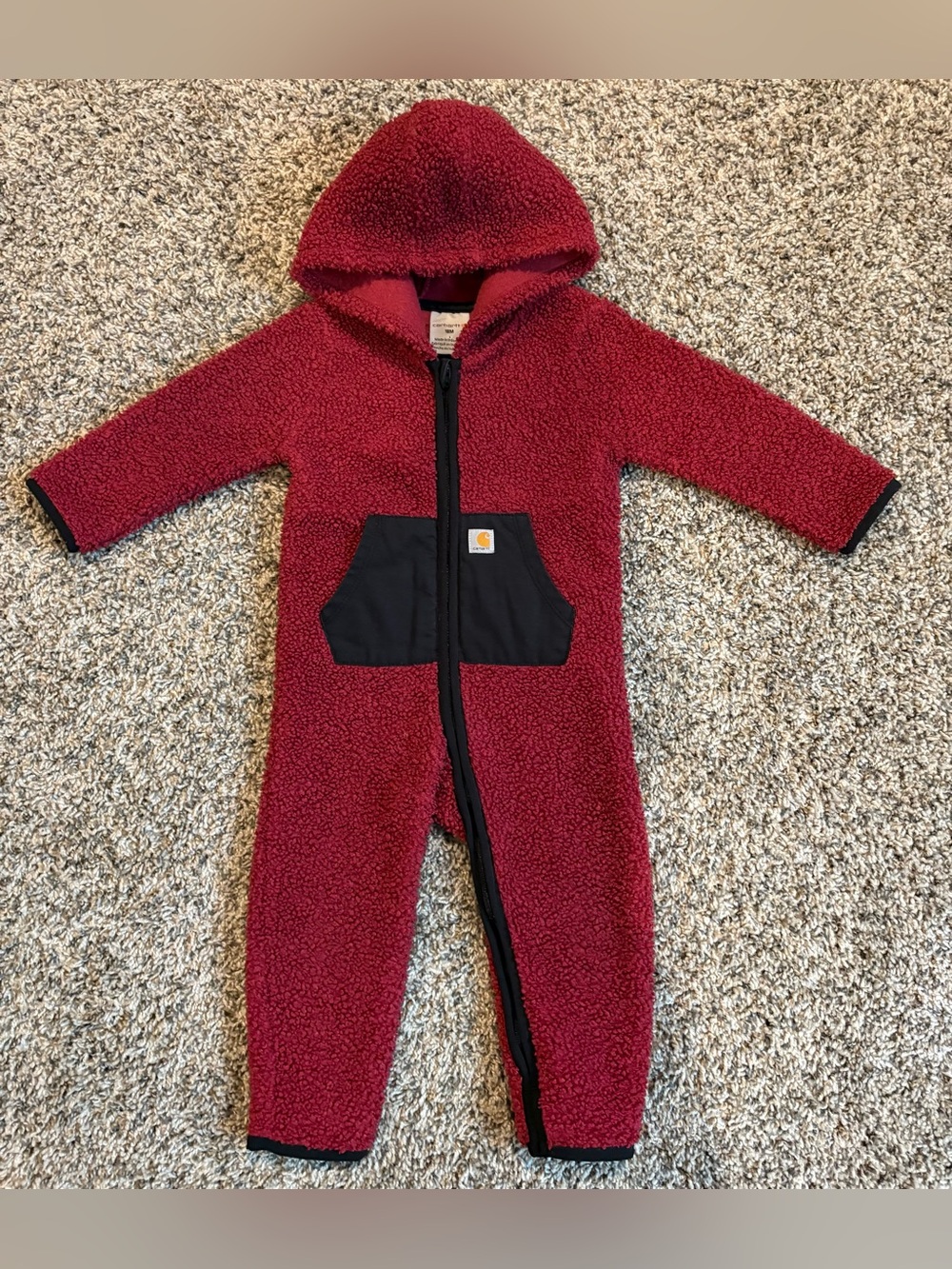 Carhartt 18M Bunting Suit Coverall Zip Up Red Fuzzy Hooded Winter
